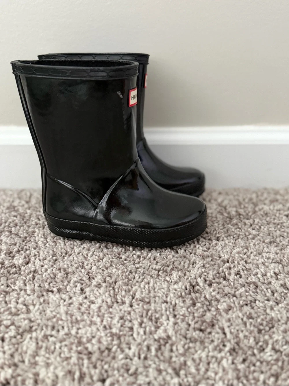 Hunter Kids Black Gloss Rain Boots with Logo